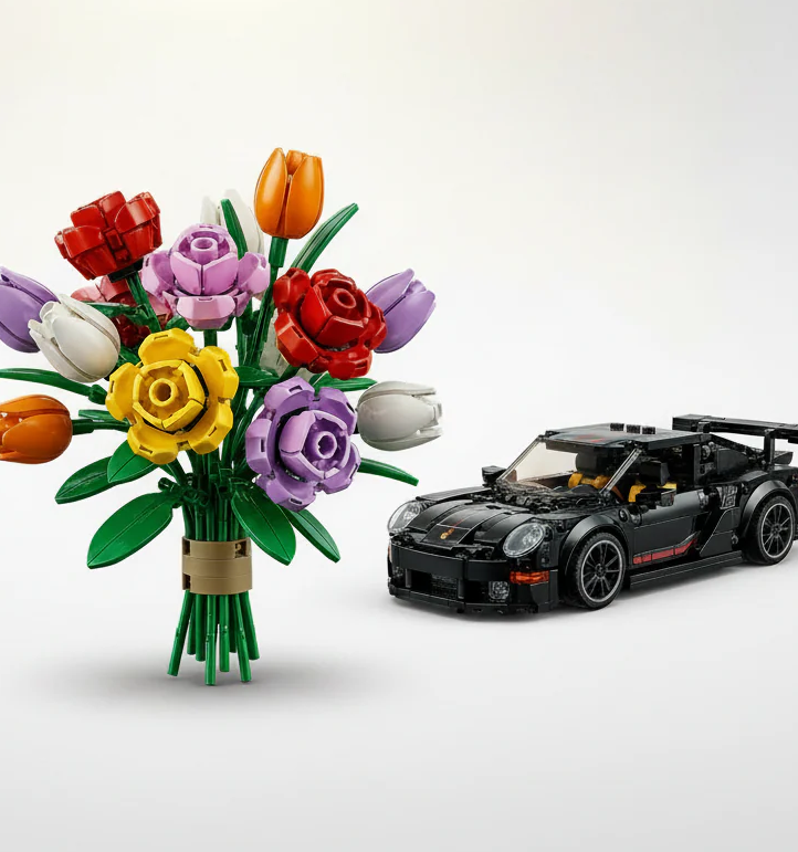 Ramo de flores y coche de Lego regalo para aniversarios